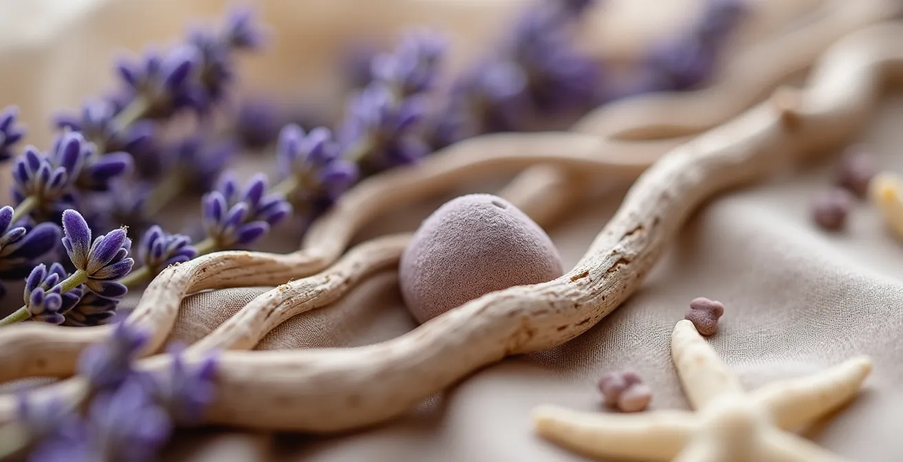 Installation artistique sensorielle mêlant lumière, textures végétales et éléments naturels pour une immersion totale.