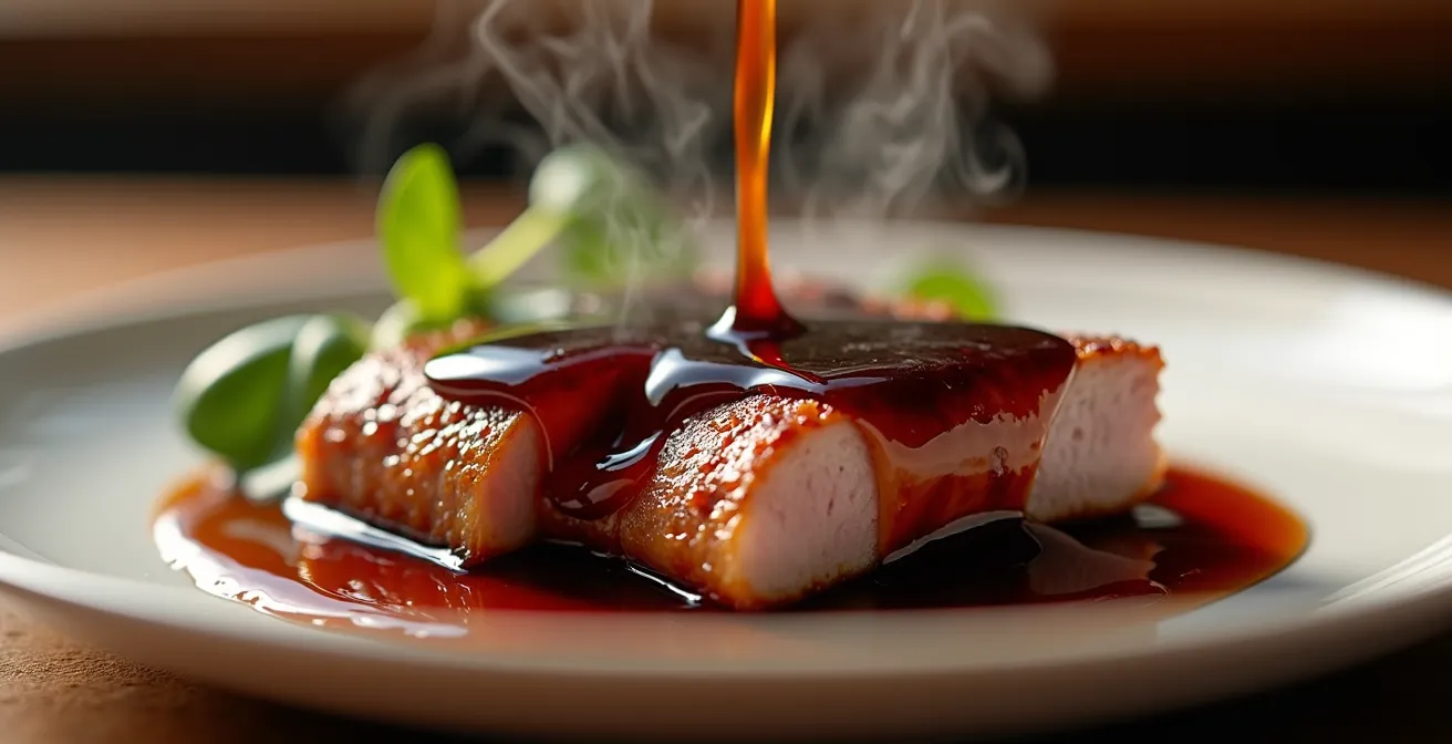 Gros plan sur une sauce brillante nappant délicatement une pièce de viande