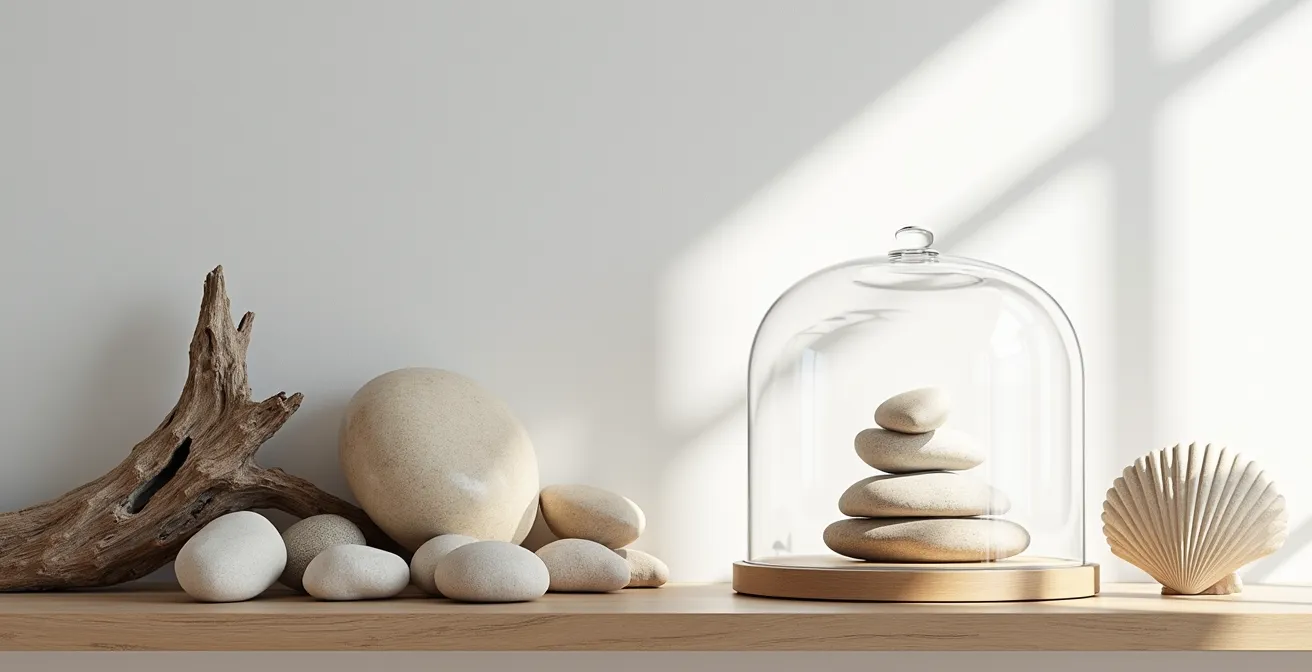 Cabinet de curiosités moderne avec coquillages sous cloche de verre et bois flotté