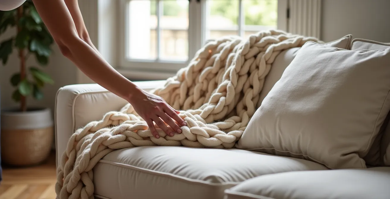Salon parisien avec plaid élégamment disposé sur canapé en lin