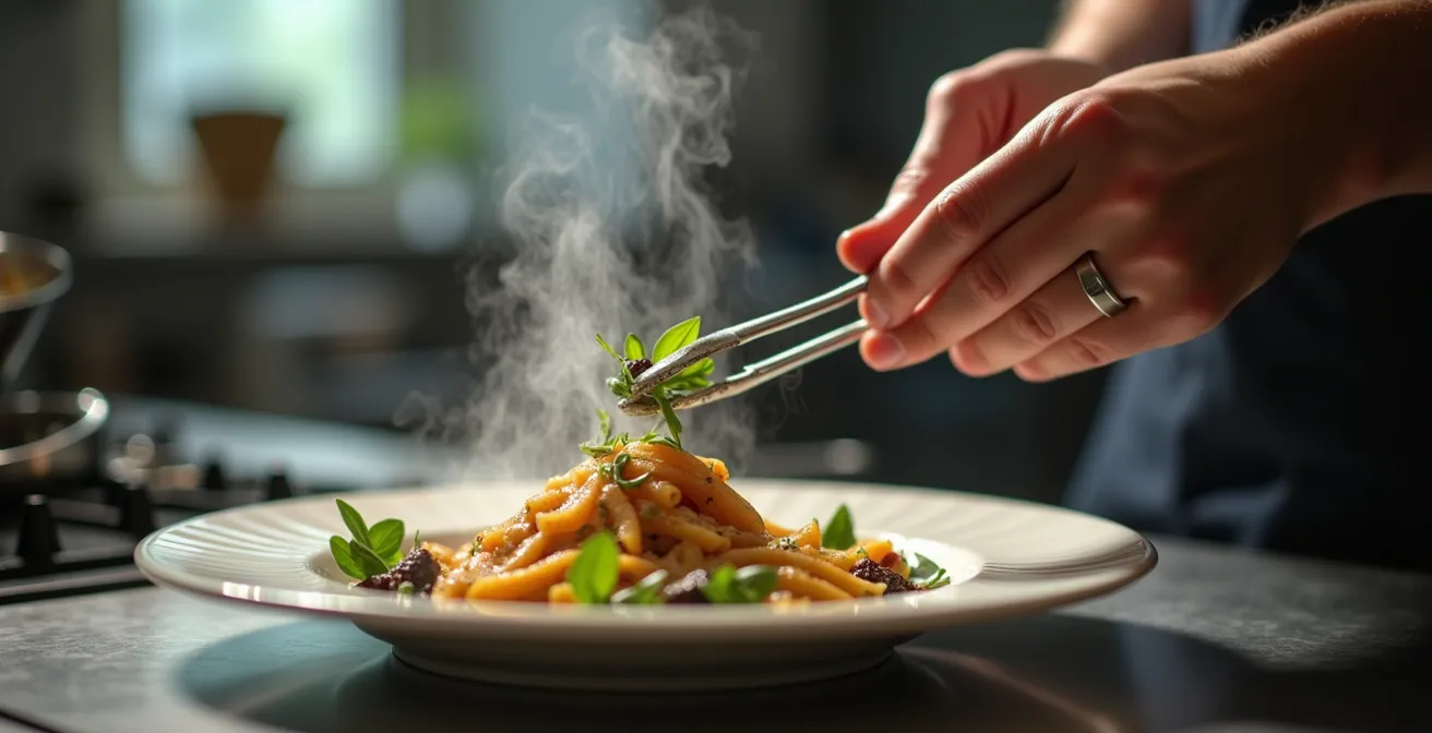 Composition dynamique créant un effet visuel saisissant en cuisine gastronomique