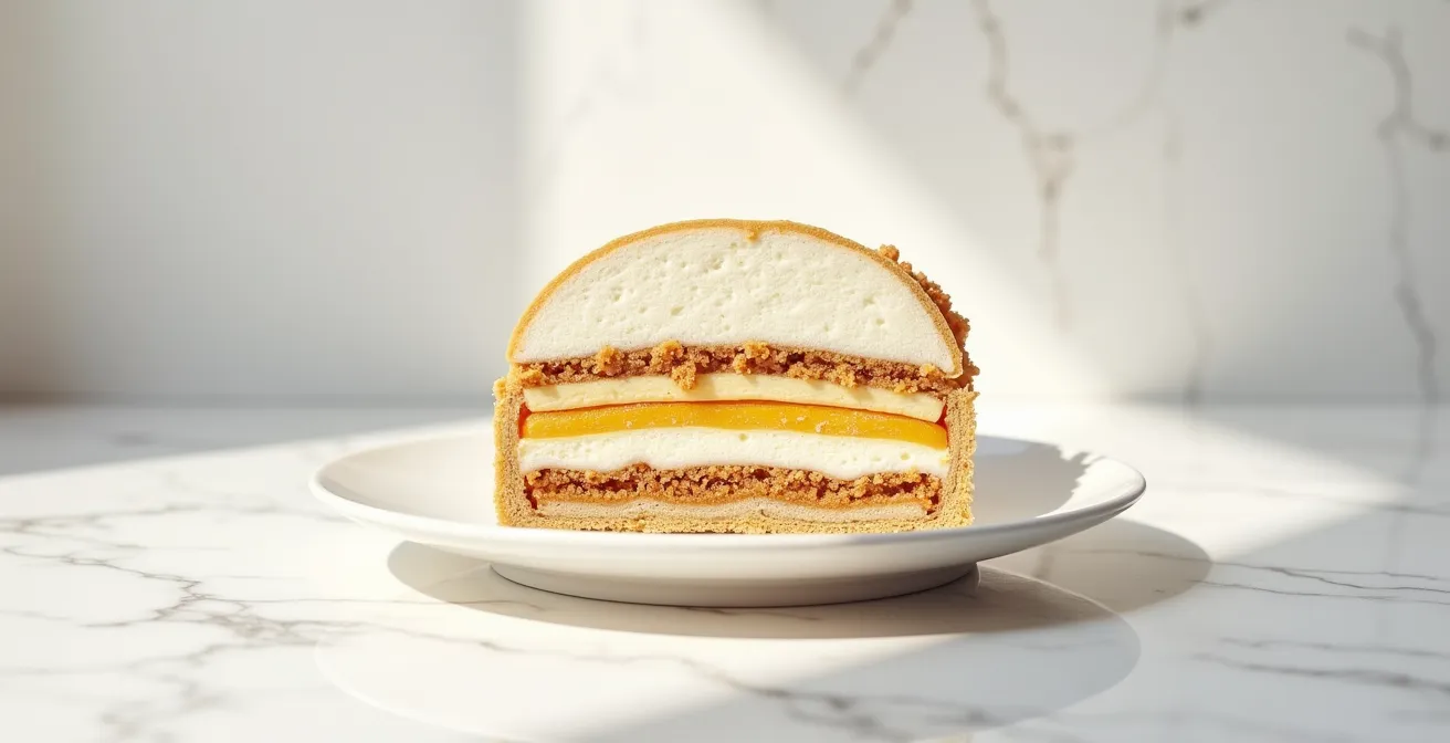 Coupe transversale d'un dessert montrant les différentes couches et textures visibles
