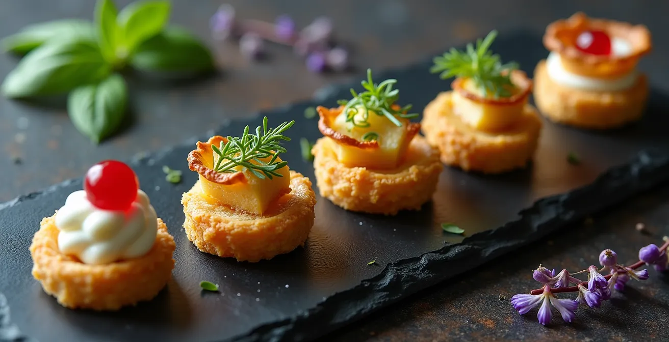 Composition artistique de petites bouchées élégantes disposées en progression crescendo sur une ardoise