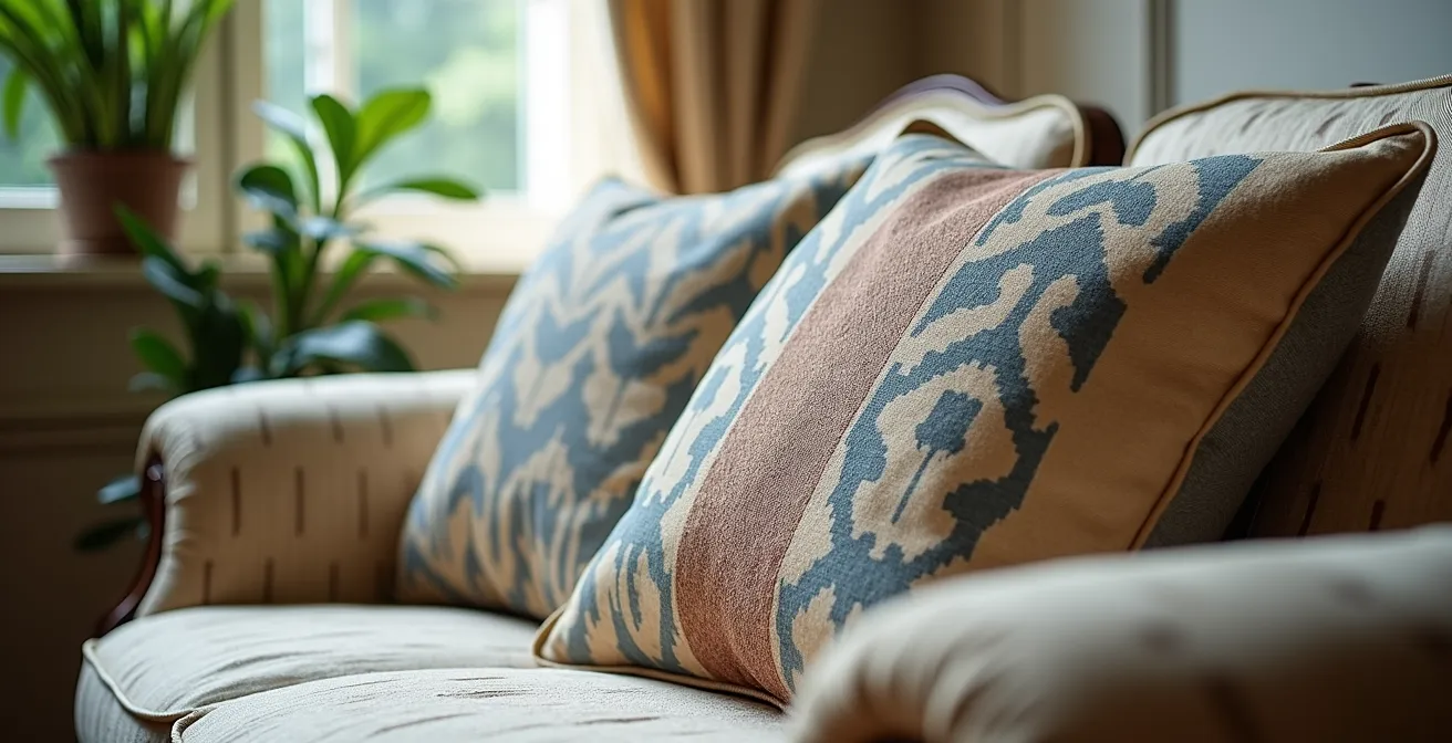 Coussin aux motifs Ikat sur un canapé sobre dans un salon haussmannien français, illustrant le contraste des styles.