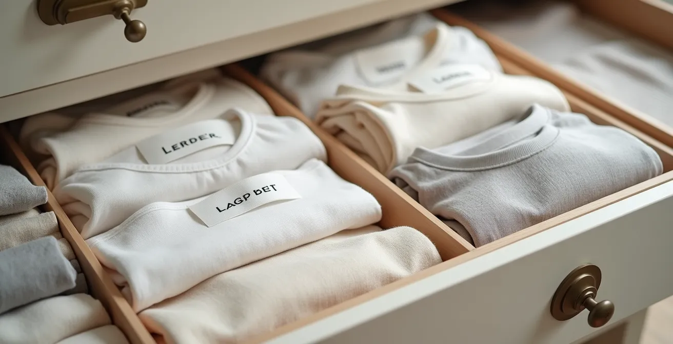 Dressing minimaliste avec des vêtements pliés verticalement dans un tiroir, évoquant l'ordre et la sérénité.