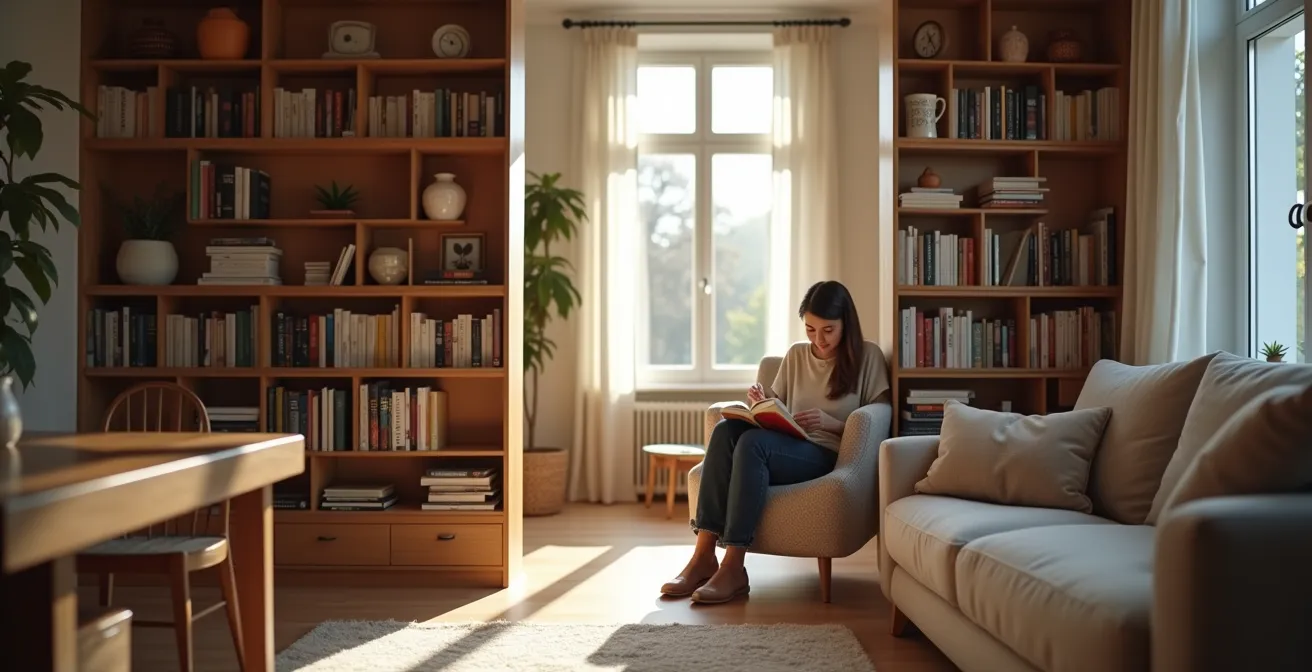Salon contemporain ouvert avec un coin lecture intime, séparé par une bibliothèque ajourée qui préserve la luminosité et l'intimité.