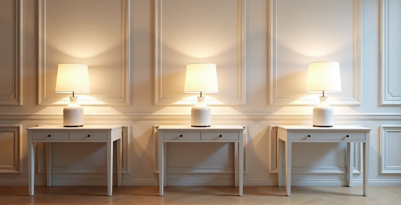 Composition montrant trois exemples de proportions de lampes dans un salon, du mauvais au parfait