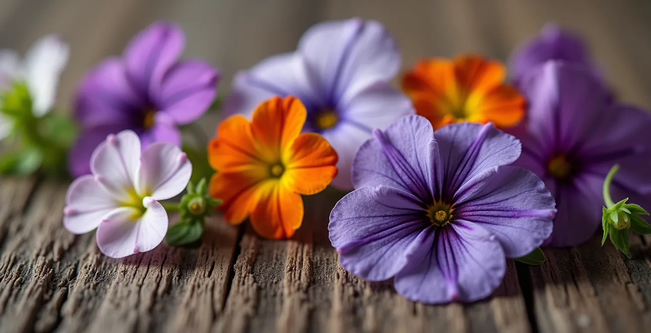 Sélection de fleurs comestibles françaises disposées sur une planche de bois