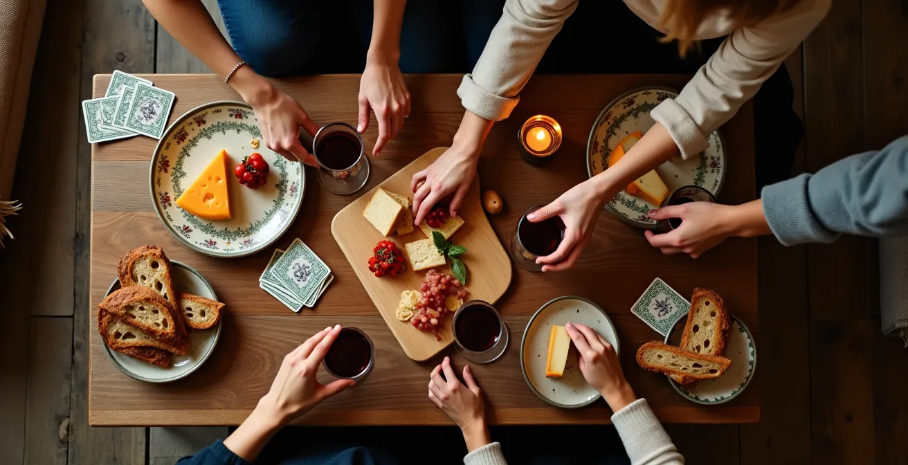 Scène chaleureuse de convivialité à la française avec plateau de fromages et jeu de société