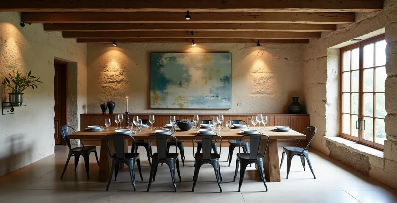 Salle à manger rustique moderne avec table de ferme ancienne et chaises design contemporaines