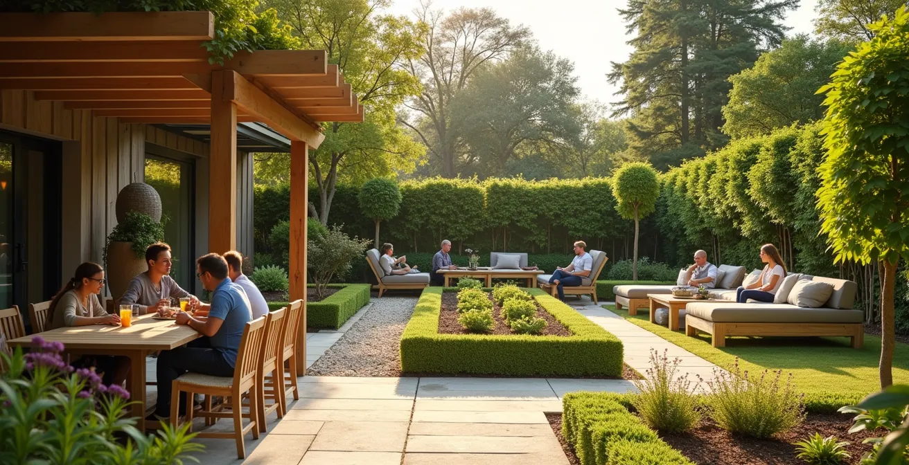 Jardin divisé en zones distinctes avec coin repas, espace détente et potager surélevé