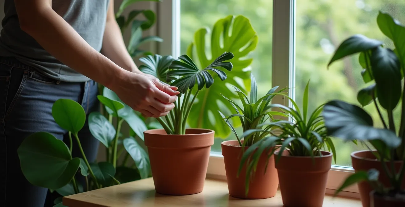 Coin végétal luxuriant avec un mélange de plantes tropicales comme le Monstera dans des poteries artisanales en terre cuite.