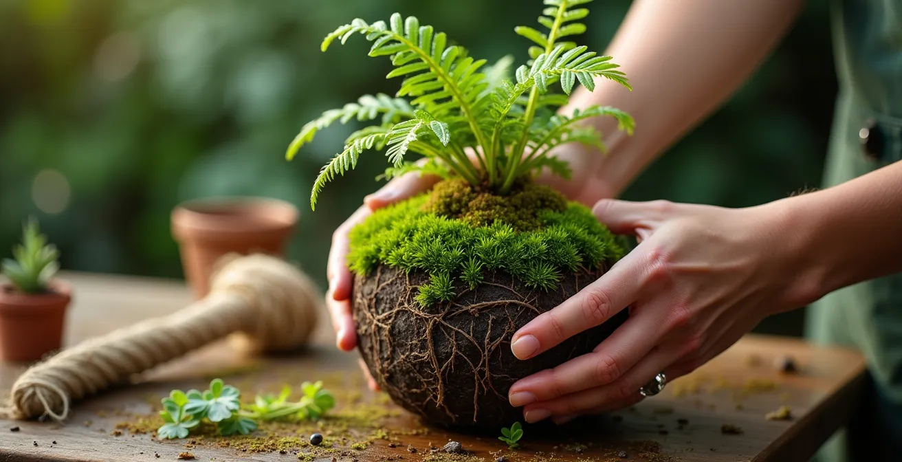 Gros plan sur des mains créant un kokedama avec mousse et plante verte