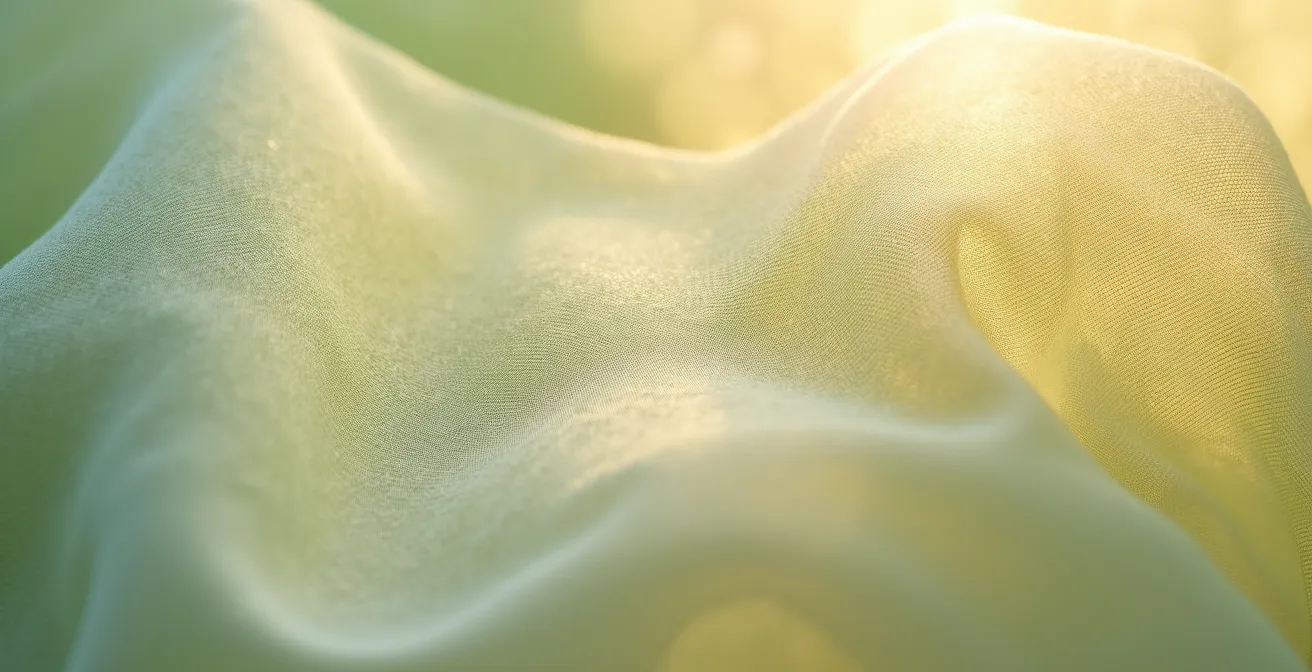 Superposition de voilages créant un dégradé subtil de couleurs dans une lumière dorée