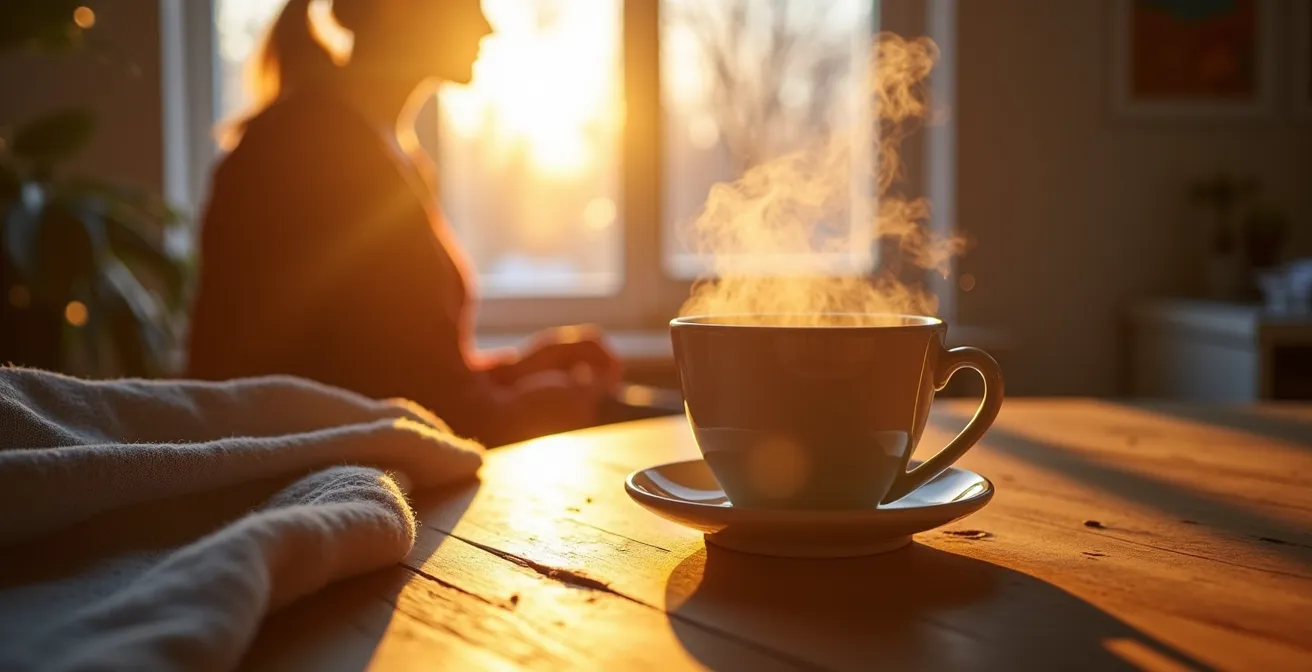 Personne utilisant une lampe de luminothérapie pendant son petit-déjeuner hivernal