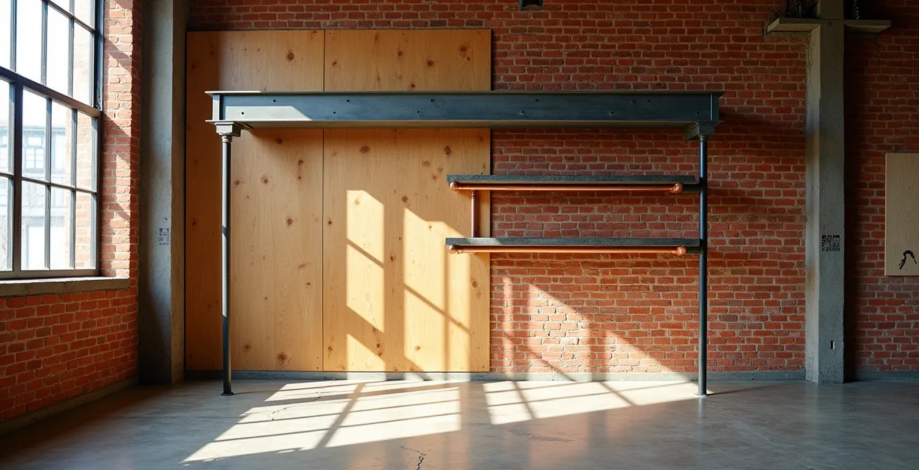 Intérieur loft avec mur de briques apparentes, poutre IPN transformée en étagère et tuyaux cuivre comme penderie