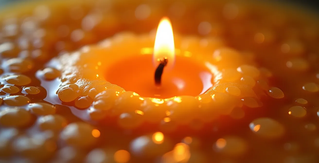 Gros plan sur une mèche de bougie avec cire fondue montrant la mémoire de la cire
