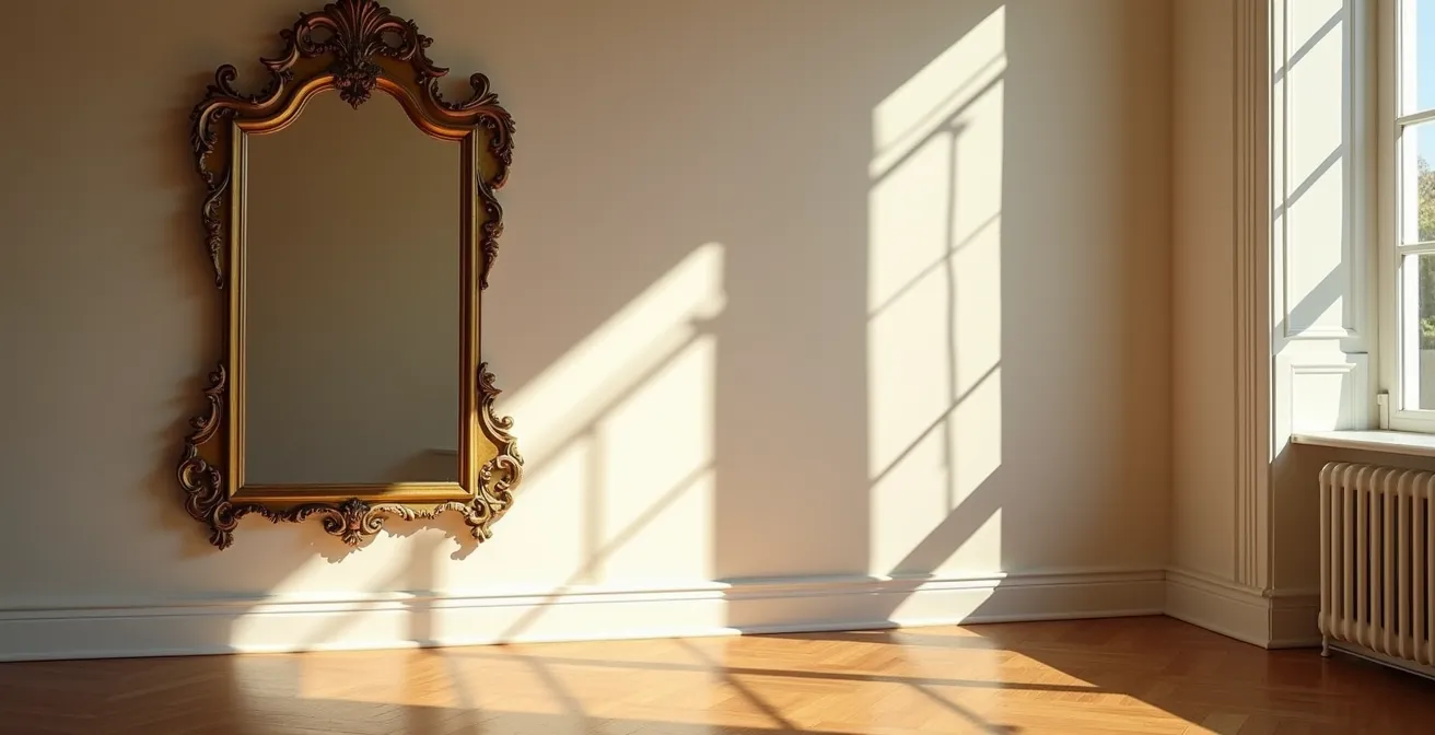 Miroir ancien placé face à une fenêtre dans un salon français reflétant la lumière naturelle
