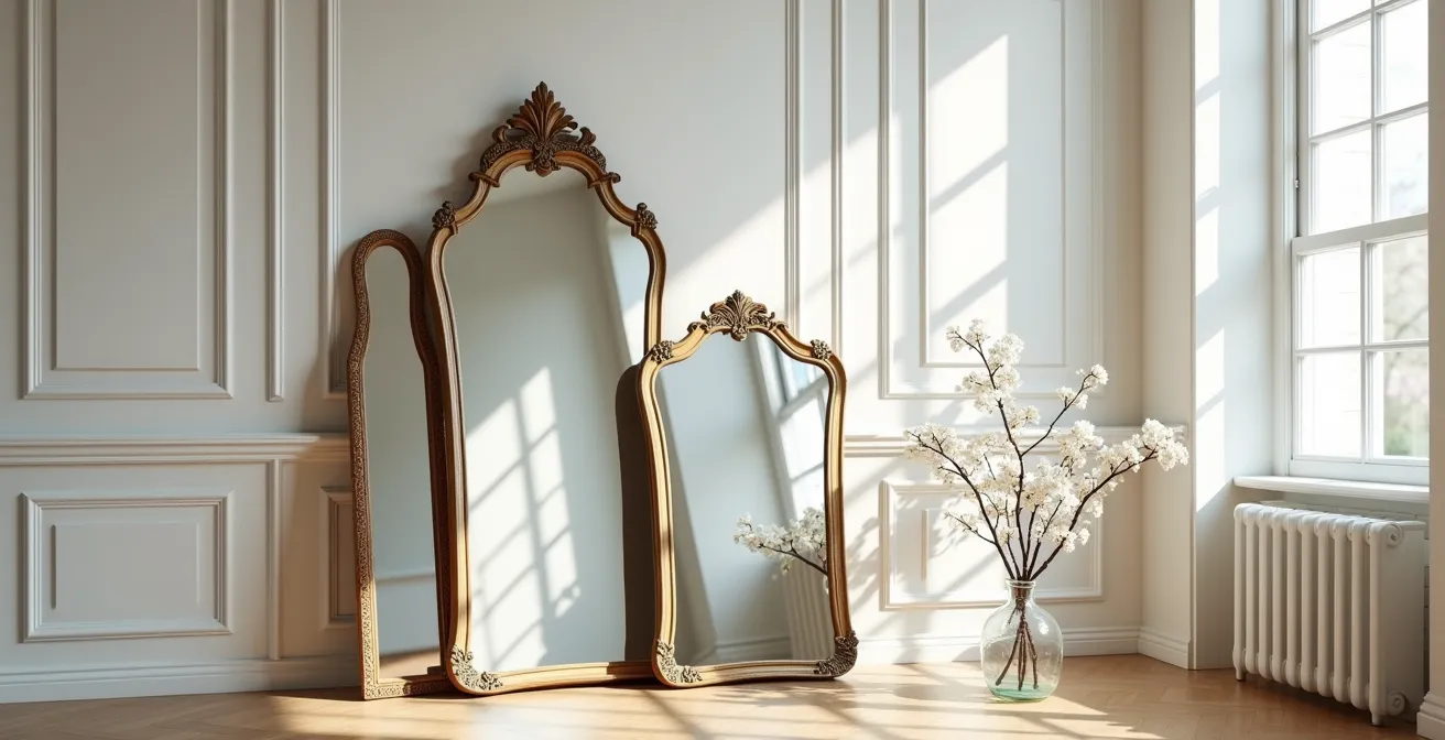 Arrangement de miroirs vintage créant des jeux de lumière dans un intérieur français