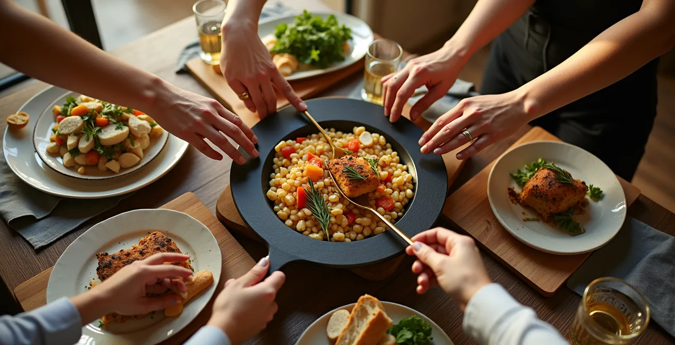 Vue plongeante d'une table avec planches de bois, ardoises et plats de service variés