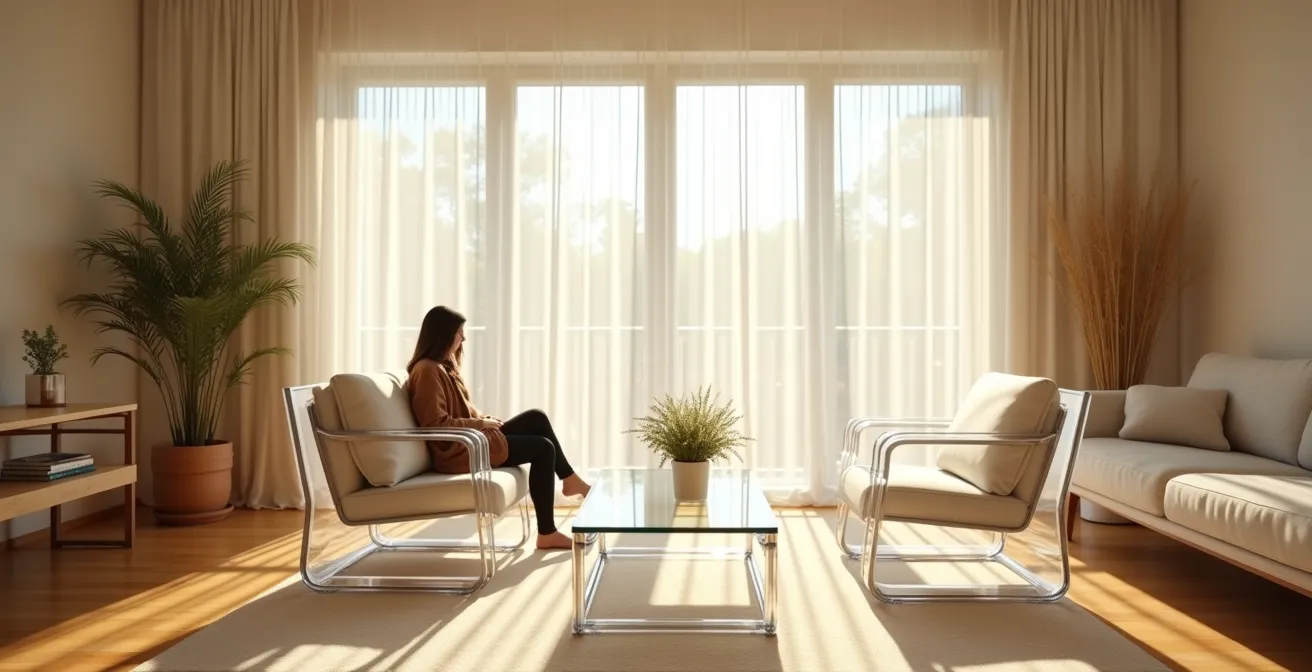 Salon avec mobilier en verre et métal chromé maximisant la lumière naturelle