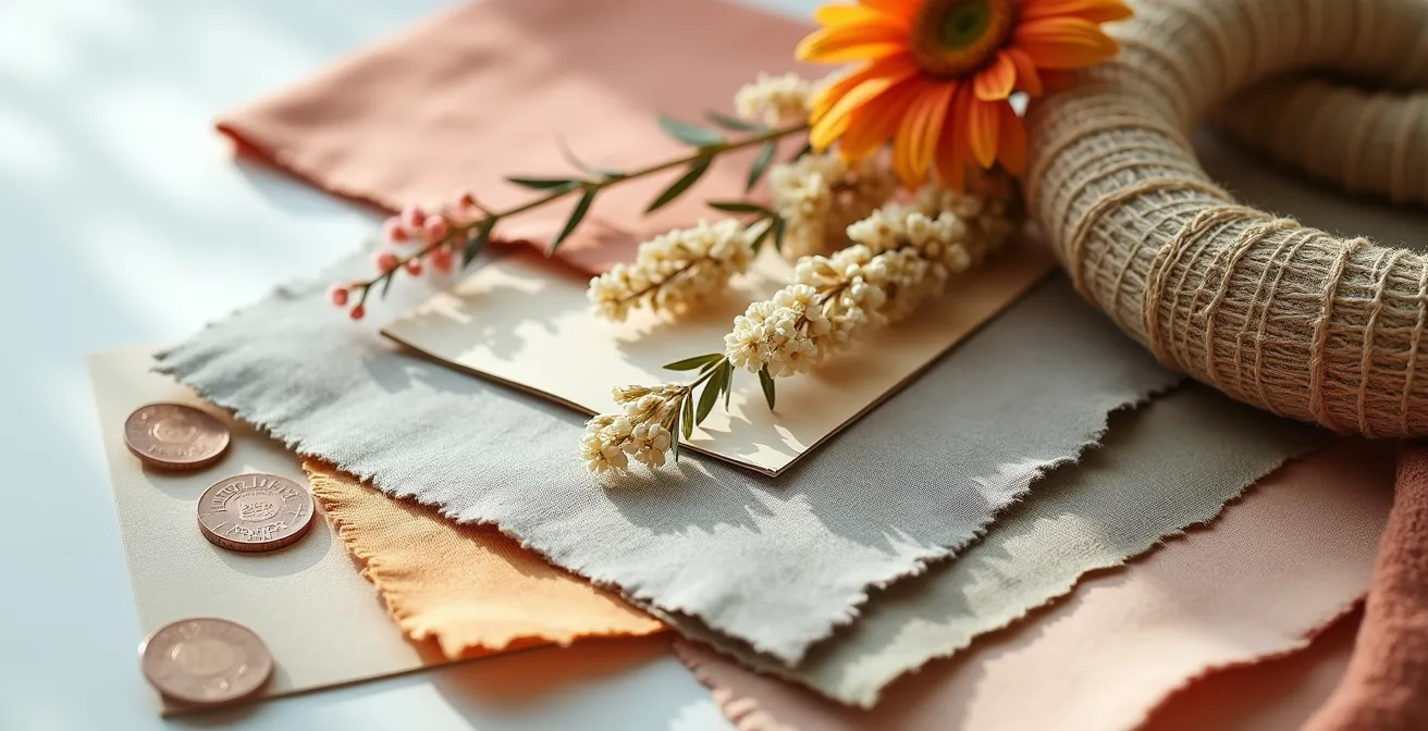 Arrangement artistique de matériaux, tissus et échantillons de couleurs formant un moodboard tactile et visuel