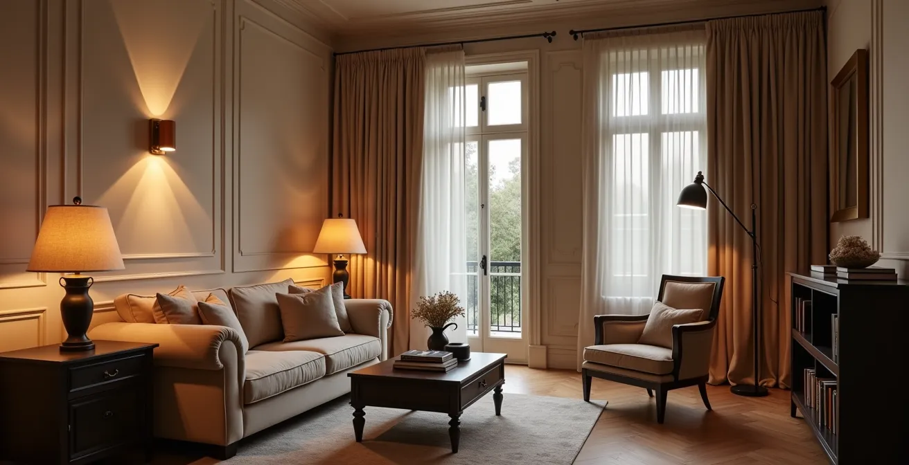 Salon français avec cinq sources lumineuses différentes créant une ambiance chaleureuse