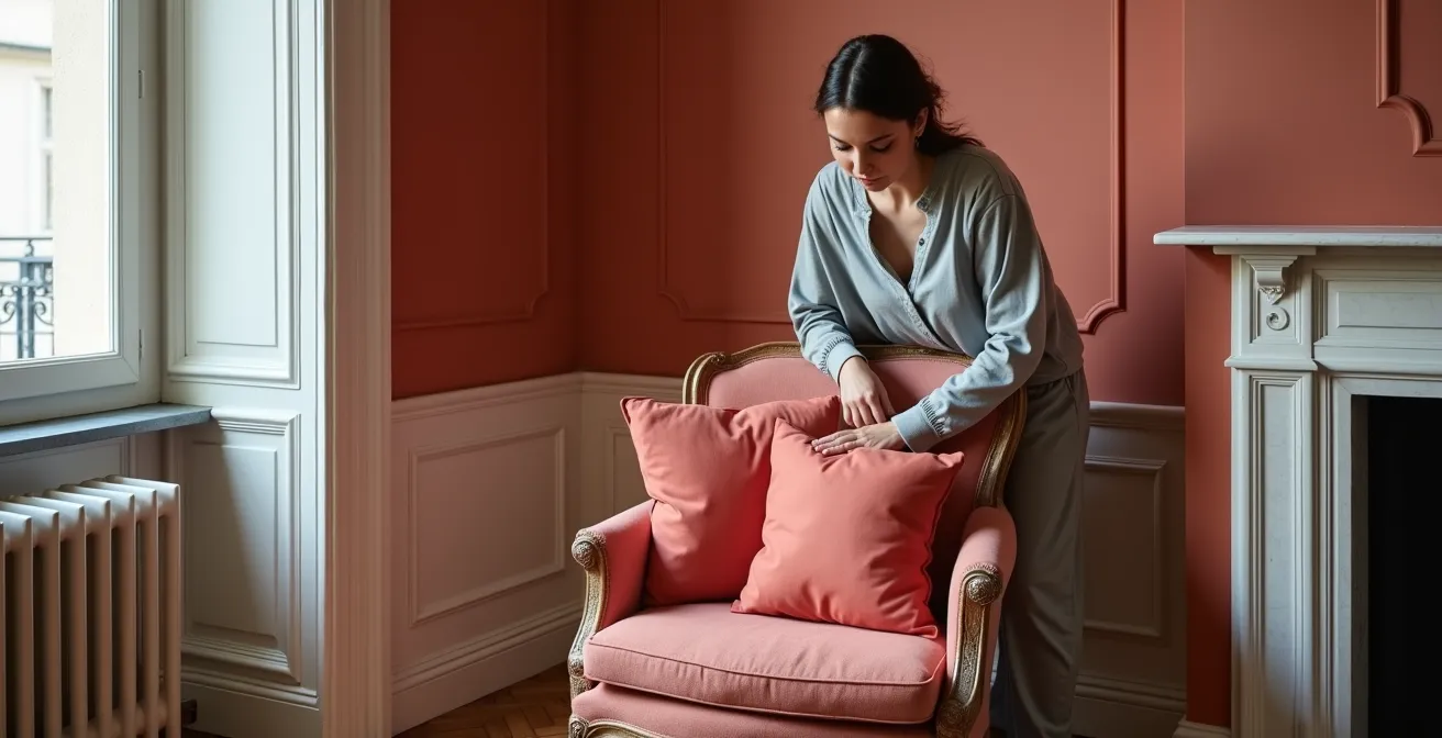 Salon parisien avec mur d'accent terracotta derrière une cheminée en marbre, moulures blanches et parquet point de Hongrie