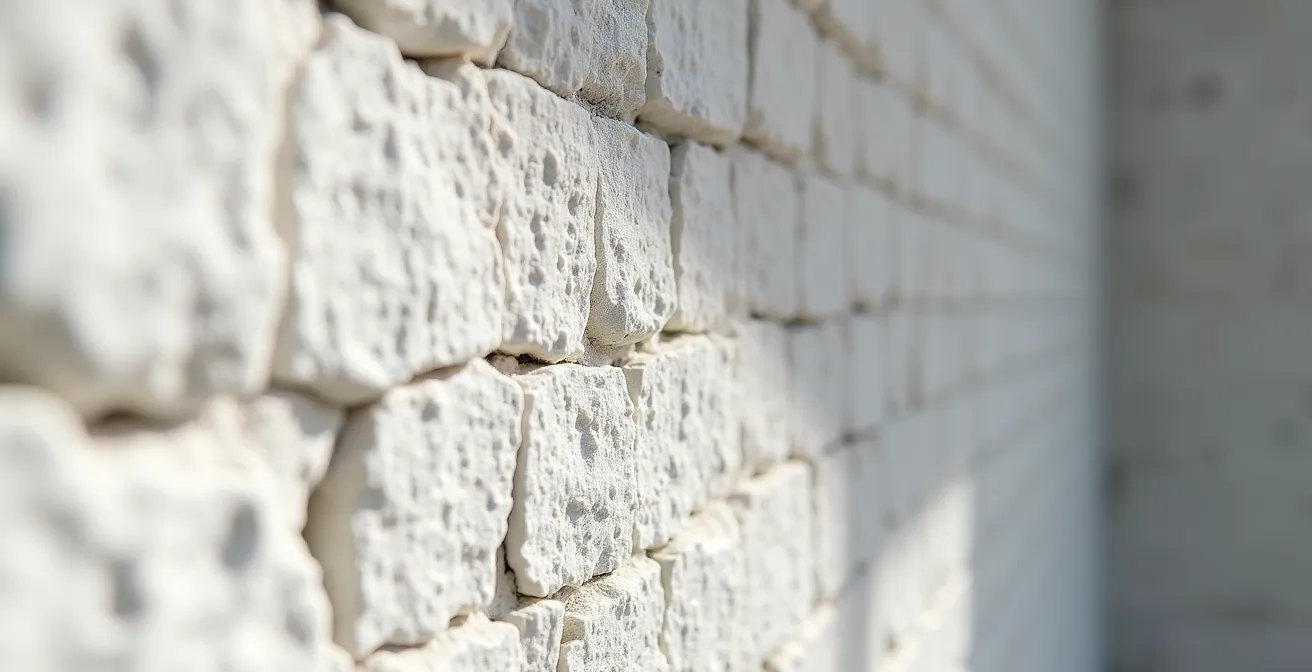 Mur en pierre naturelle peint en blanc avec éclairage LED rasant révélant les textures