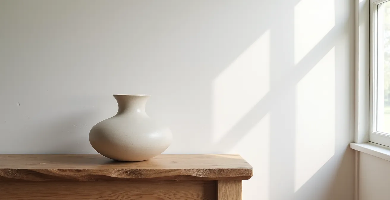 Composition minimaliste avec céramique artisanale française sur console en bois brut
