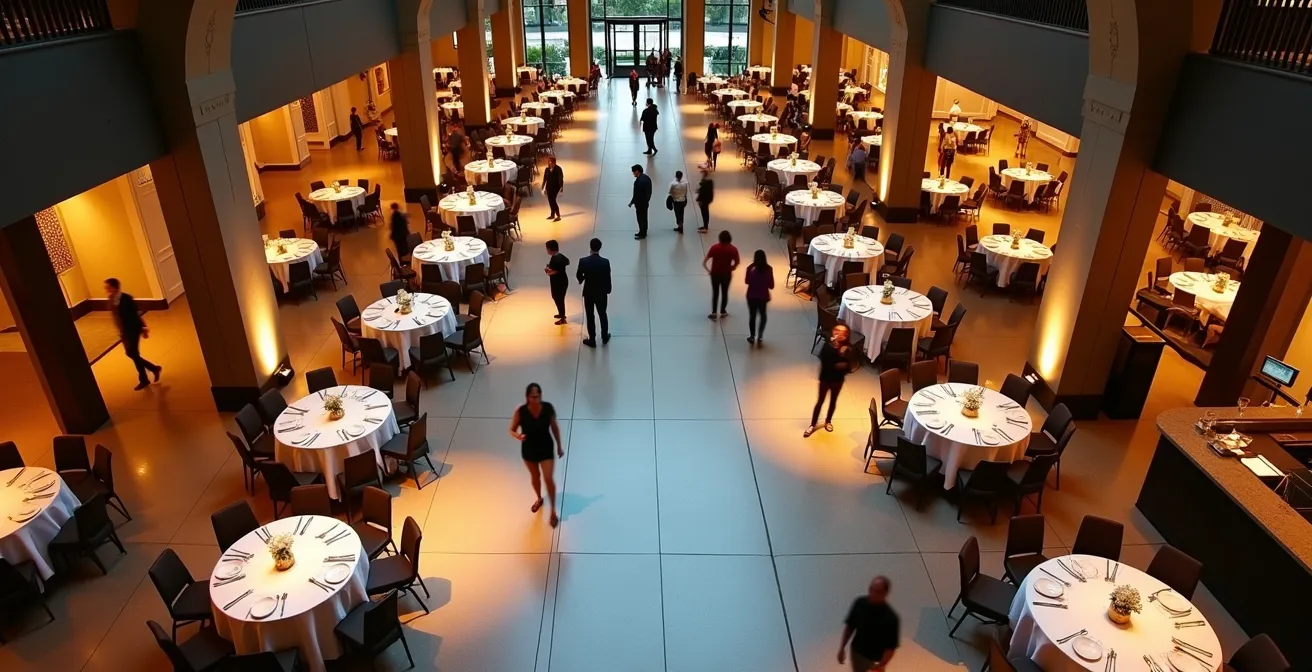 Vue aérienne d'un espace événementiel montrant le parcours fluide des invités avec différentes zones d'interaction