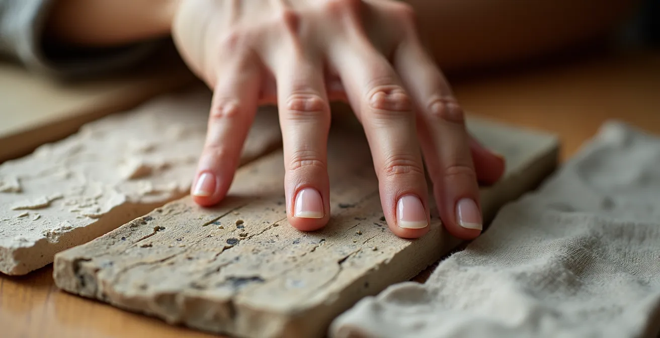 Gros plan macro sur une main effleurant différentes textures naturelles : bois brut, pierre rugueuse et lin tissé