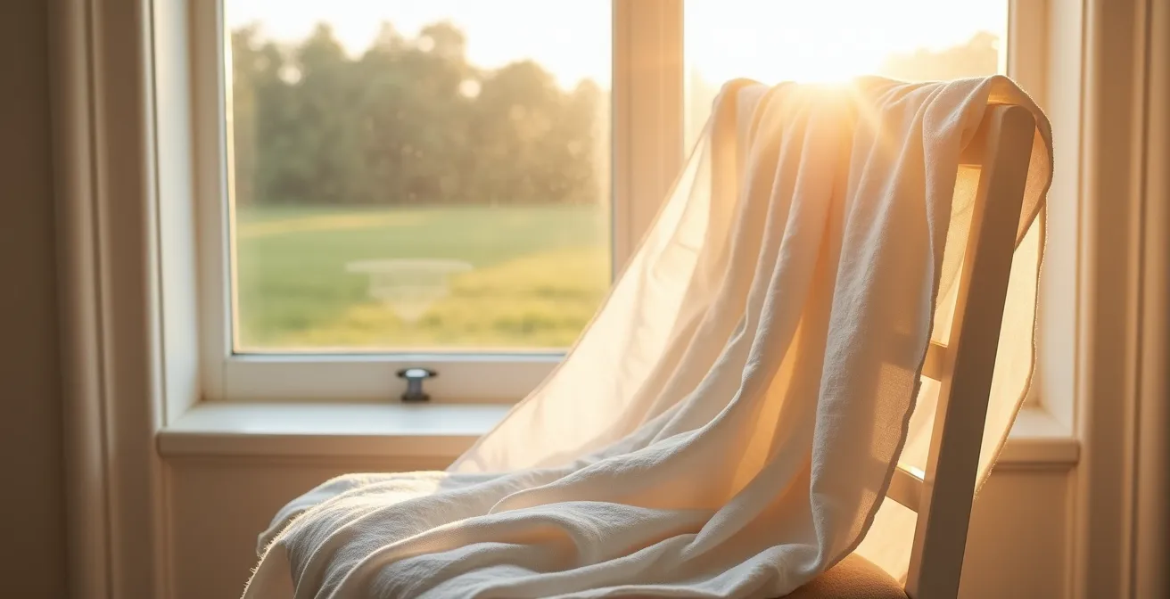 Plaid en lin aérien baigné de lumière naturelle près d'une fenêtre française