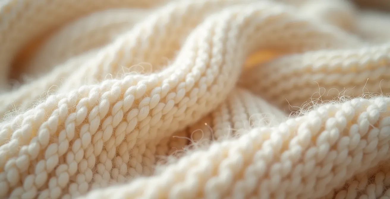 Gros plan sur une maille de laine épaisse et serrée créant un effet de texture dense