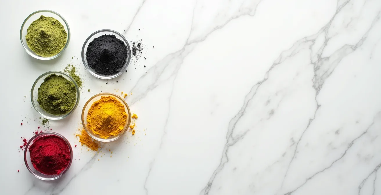 Arrangement de poudres colorées pour le dressage culinaire