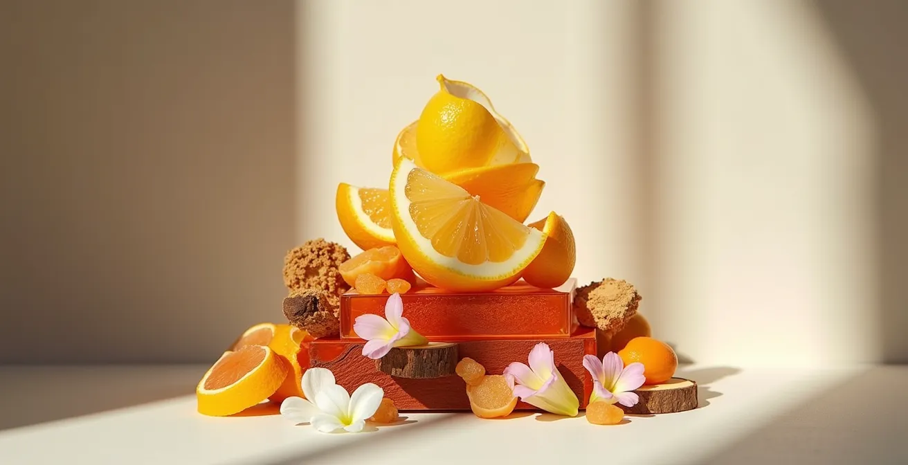 Représentation artistique symbolique d'une pyramide olfactive avec éléments naturels