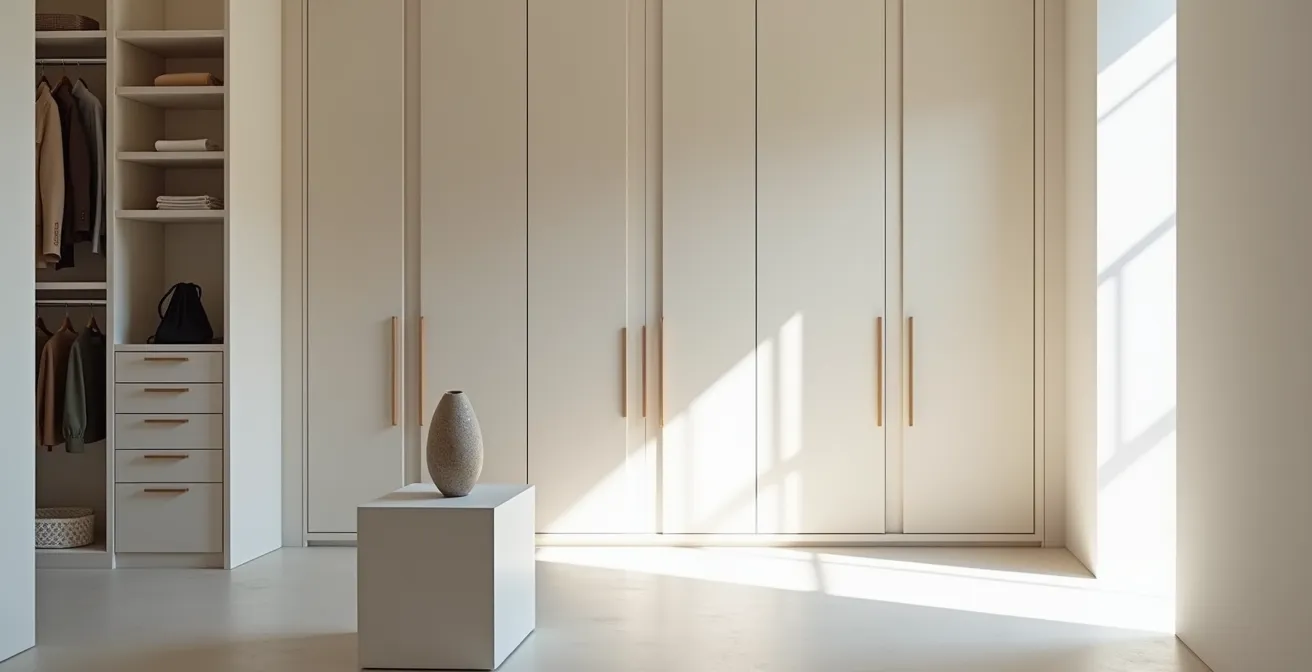 Intérieur minimaliste avec rangements intégrés invisibles et espace épuré luxueux