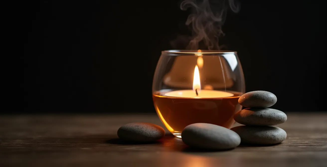 Ambiance méditative avec bougies naturelles et diffuseur d'huiles essentielles dans un espace épuré