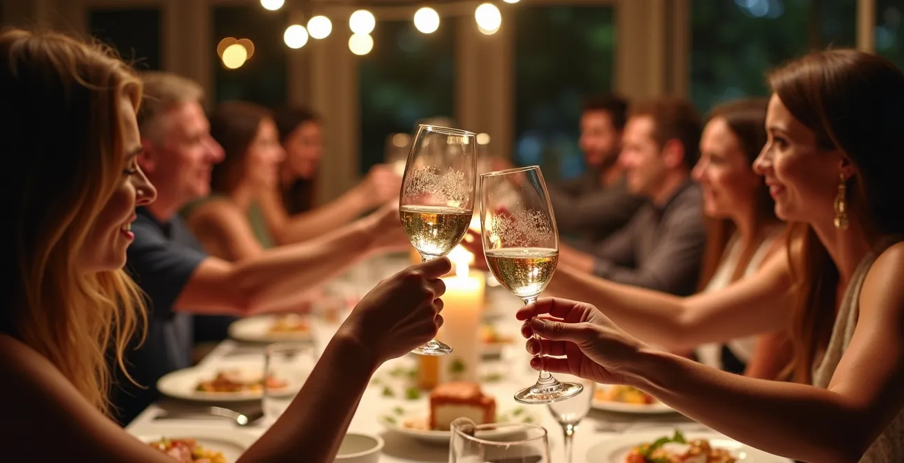 Vue aérienne d'une table de dîner animée avec convives en conversation