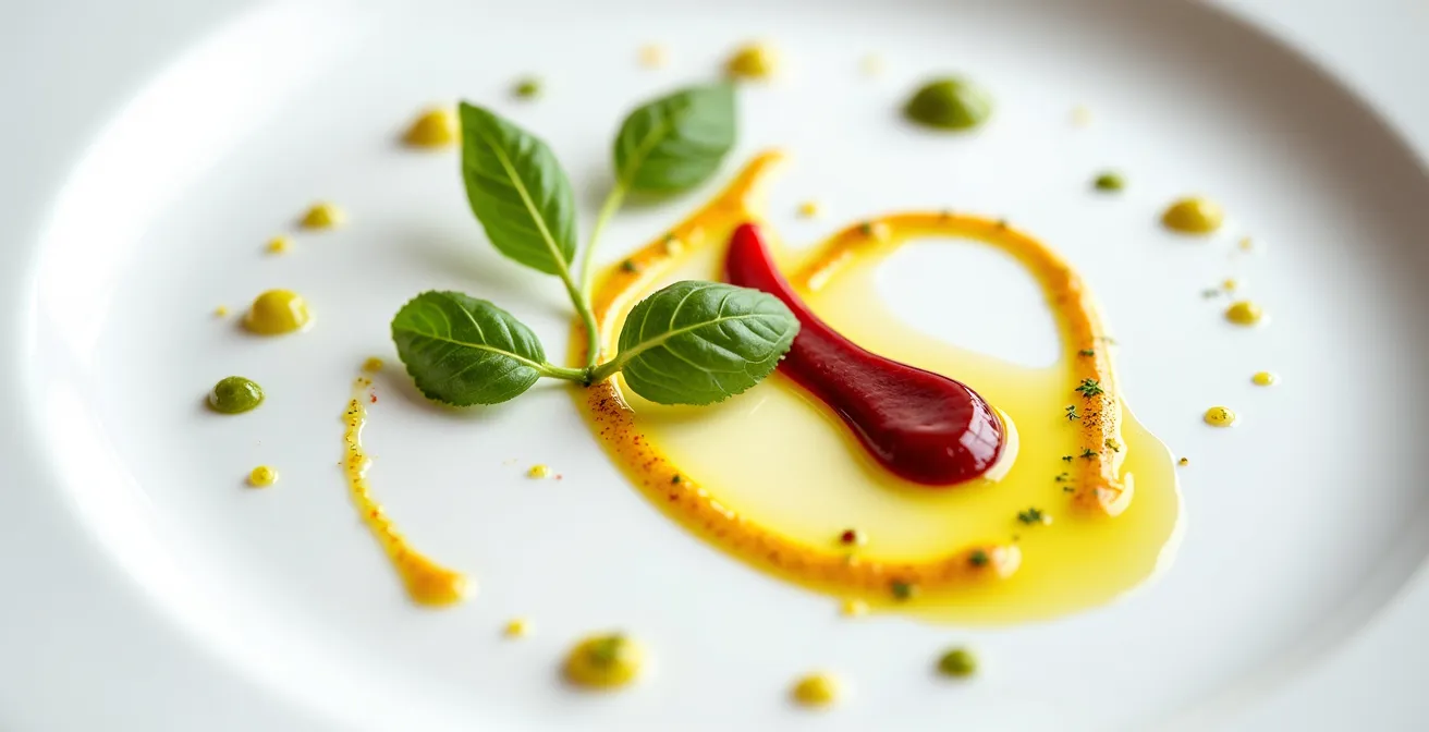 Composition artistique de sauces colorées et herbes fraîches sur assiette blanche