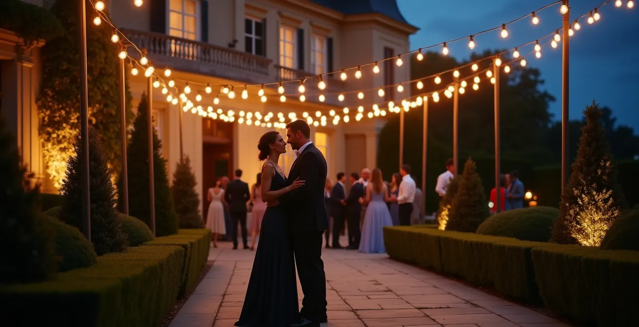 Jardin français illuminé en soirée avec guirlandes et projecteurs créant une ambiance féerique