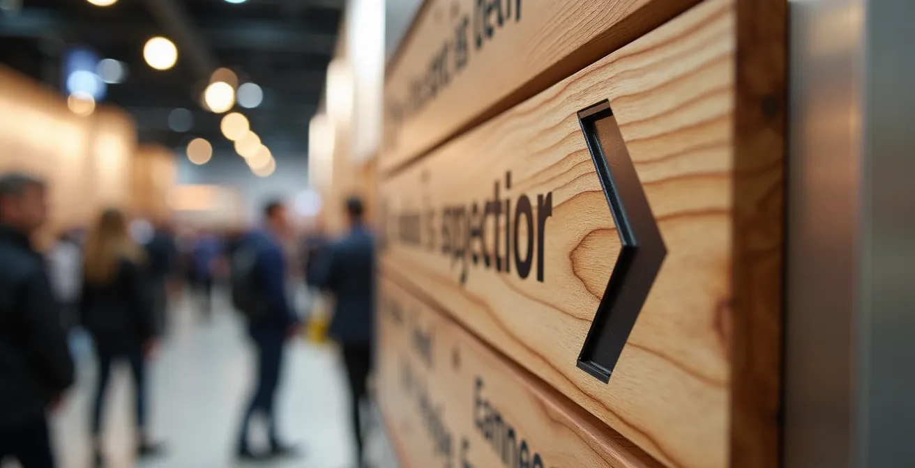 Gros plan sur des panneaux directionnels modernes en matériaux recyclés avec motifs géométriques abstraits