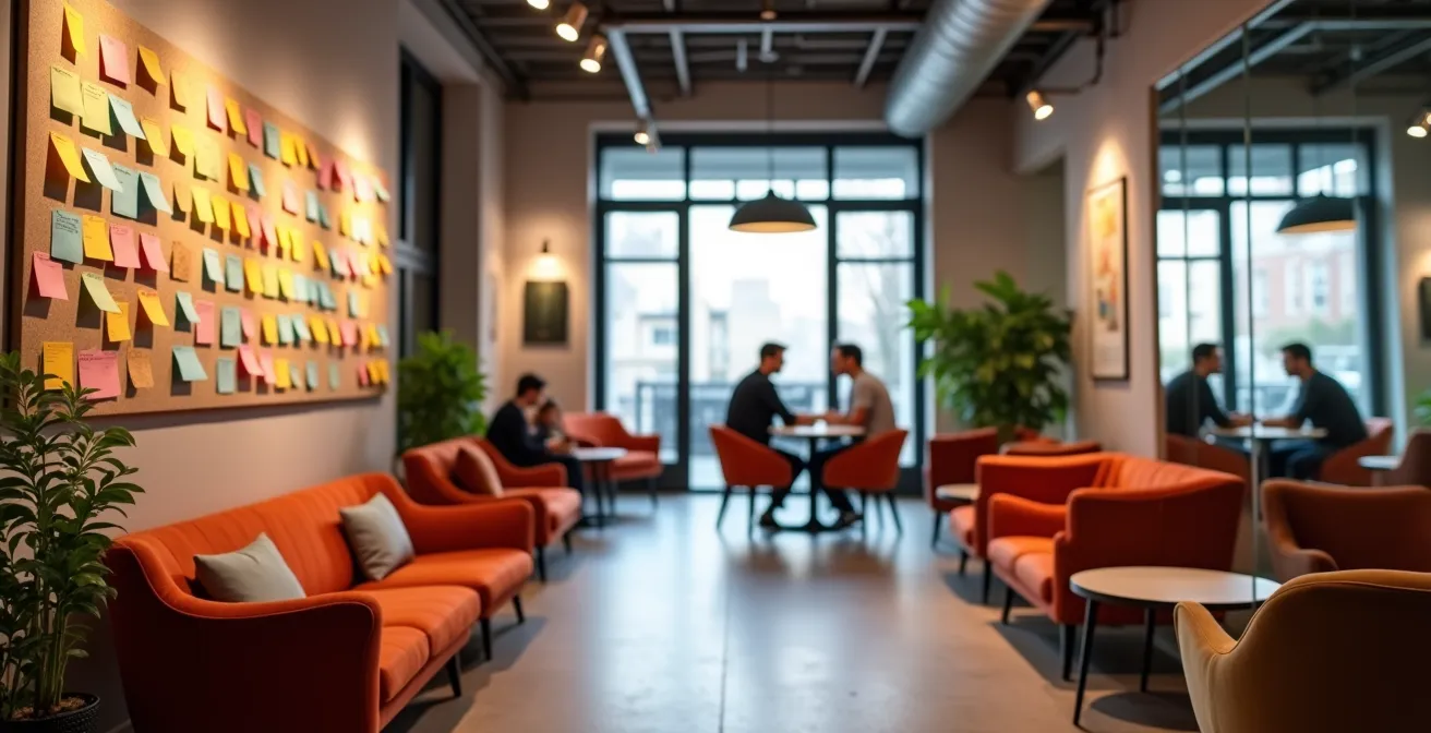 Espace de conversation créatif avec mur d'inspiration et zones d'échange lors d'un événement professionnel.