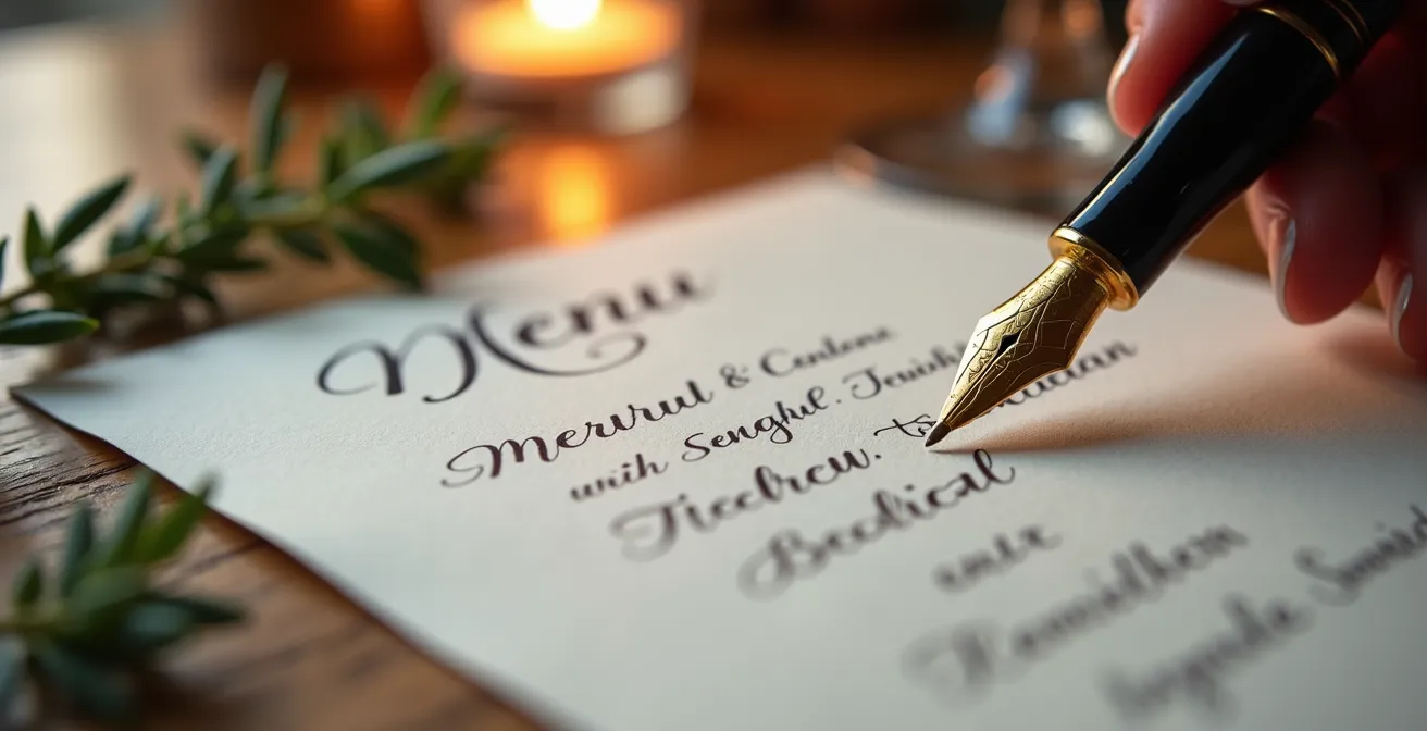 Gros plan sur un menu manuscrit élégant posé sur une table avec des éléments décoratifs