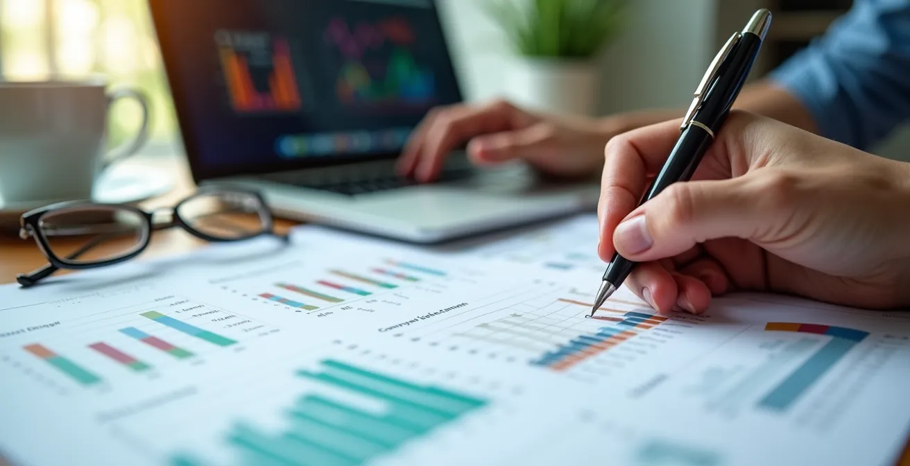 Vue détaillée d'un tableau de budget événementiel sur ordinateur avec calculatrice et documents financiers