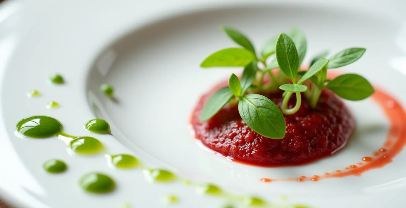 Gros plan sur une assiette blanche avec différentes techniques de sauçage artistique et herbes fraîches