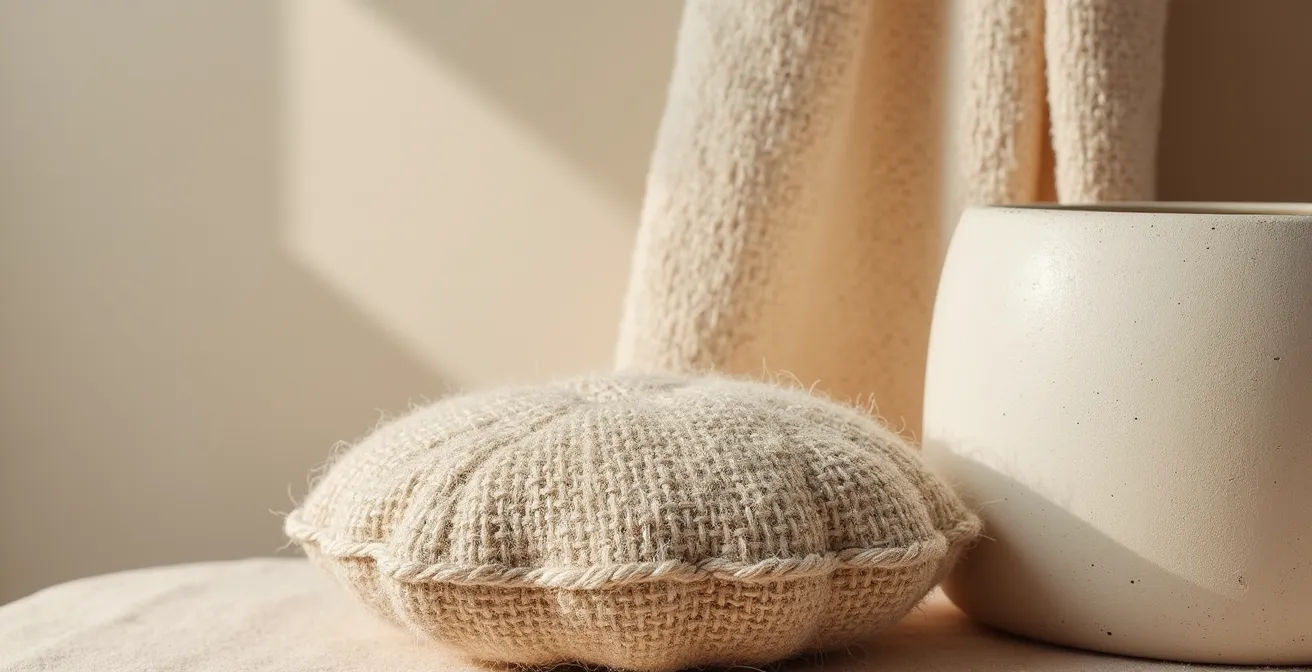 Composition de textures naturelles avec velours, lin lavé et céramique artisanale