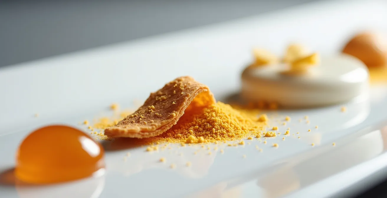 Détail macro de textures contrastées sur une assiette gastronomique