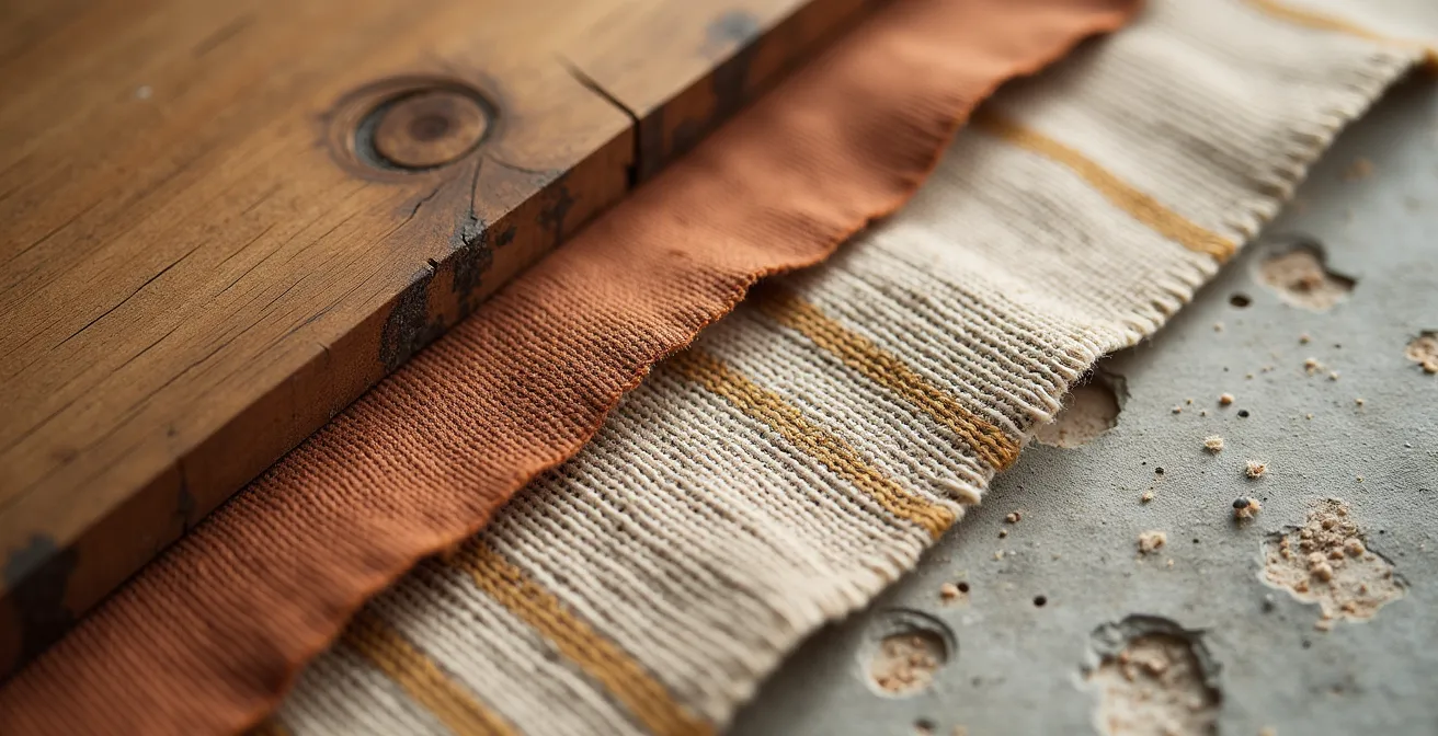 Composition macro de textures automnales avec bois brut, lin tissé et pierre naturelle