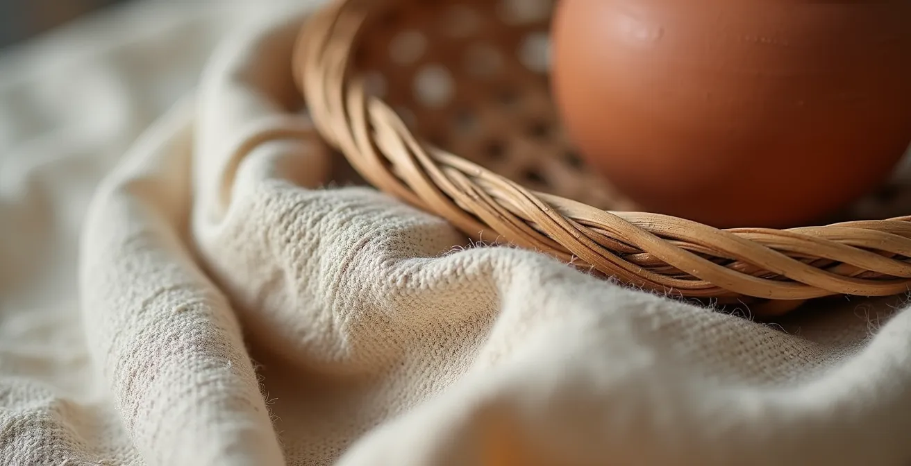 Composition de matières naturelles avec lin froissé, rotin tressé et poterie artisanale